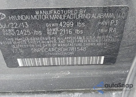 2013 Hyundai Sonata Se z USA, uszkodzony, nr VIN 5NPEC4AC8DH781548